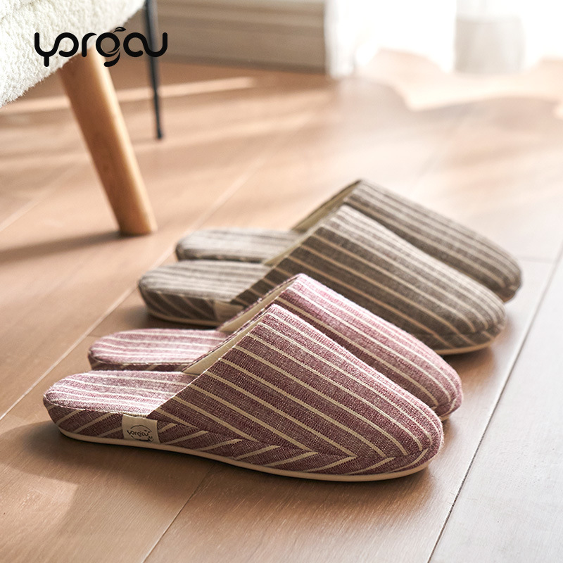 Nordic Far Harbor Summer Thin Couples Striped Indoor Non-slip Soft Bottom Thick Bottom Cotton Linen Household Cotton Slippers Spring