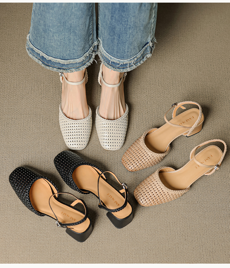 Giày sandal cao gót nữ quai ngang mũi tròn da bò, gót 5 cm — đen chi tiết 4