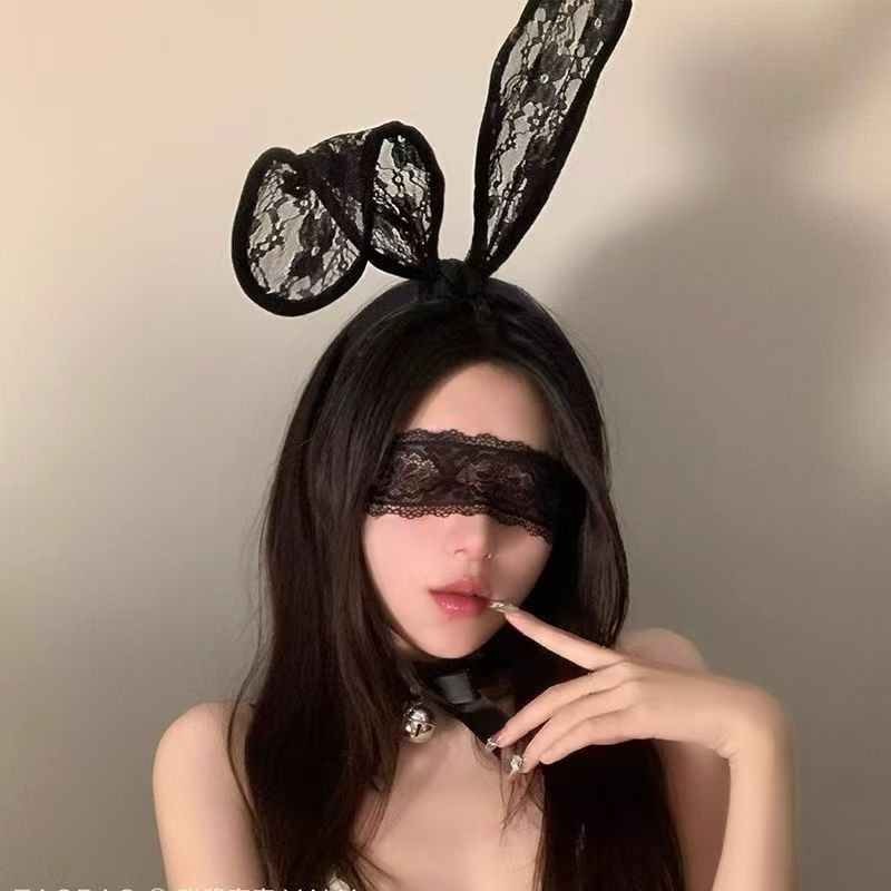 Lace Cat Ear Headband for Women with Eye Mask and Bell, Black Cosplay Hair Accessory — detail image 4