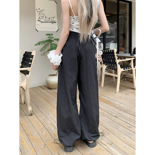 Designer pleated elastic waist work pants for women, unique drawstring casual wide-leg pants, sporty pants for spring/summer 2025