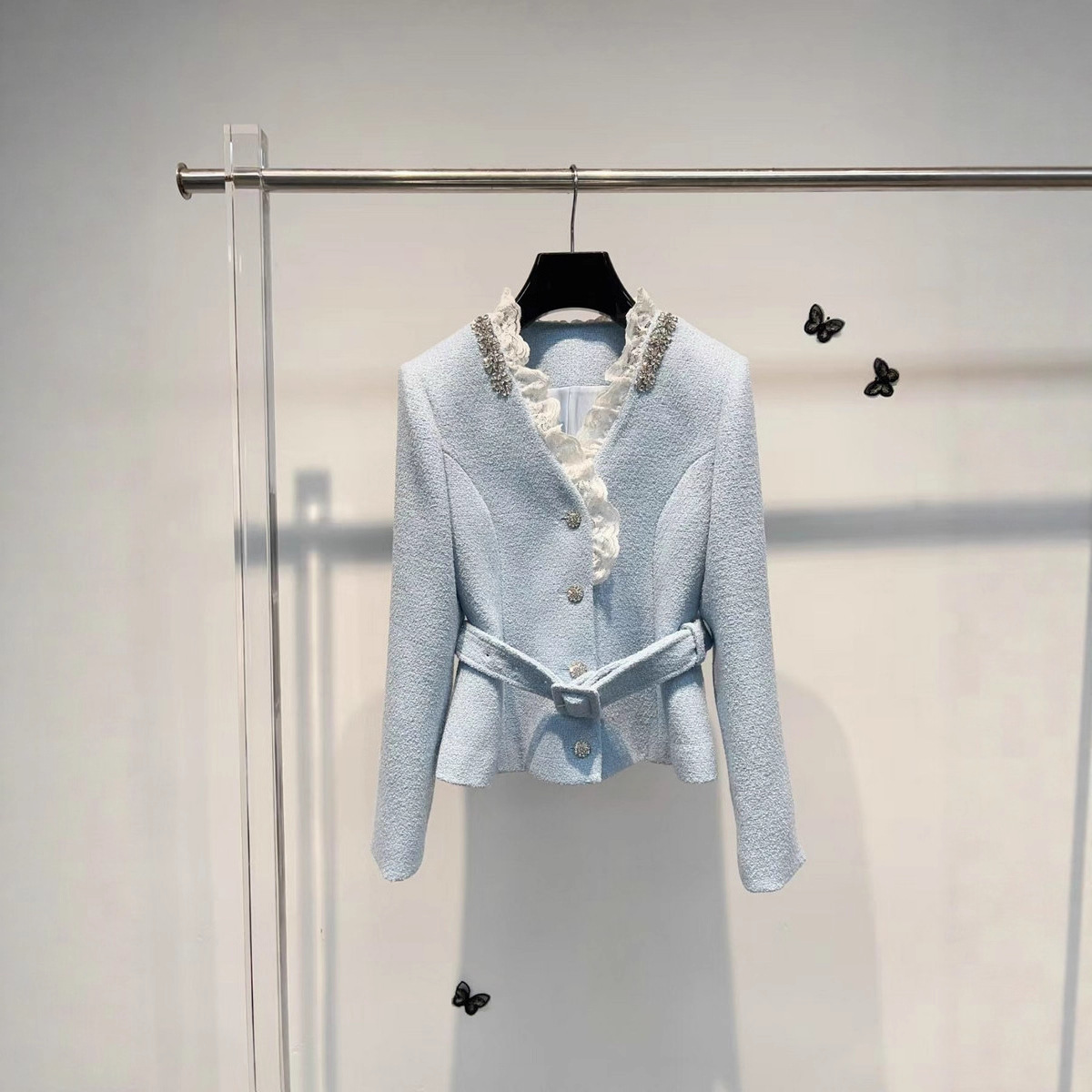 Mist Blue Lace Trim V Neck Heavy-Duty Diamond-Embellished Waist Slimming Look Long-Sleeved Tweed Cardigan Elegant Lady Jacket for Women