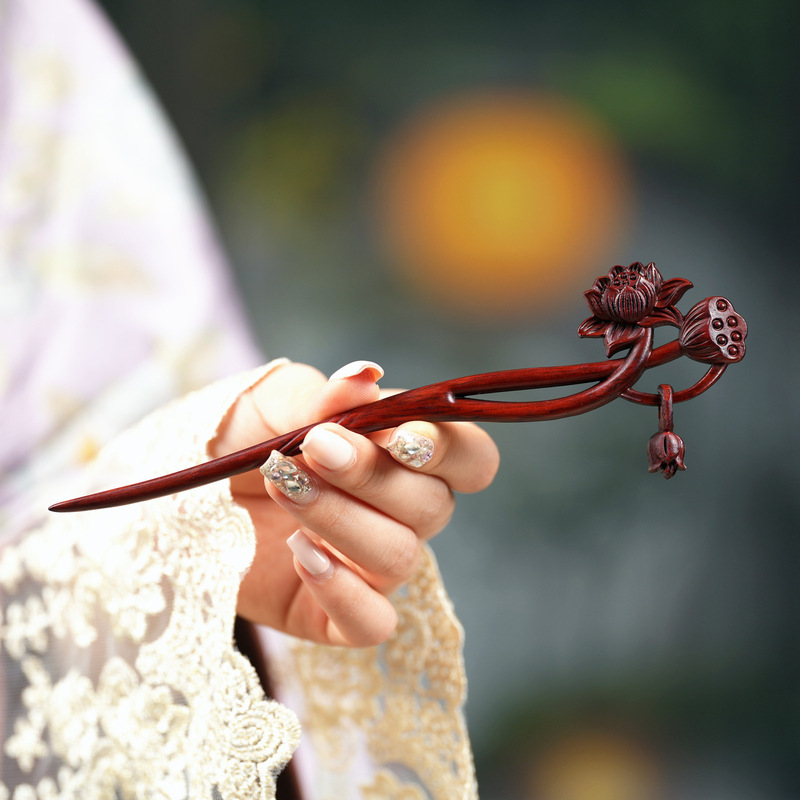 新しい中国禅スタイルの二世白檀ヘアピンクールな蓮の花のヘアピン卸売女性のエスニックスタイルの頭飾り|undefined