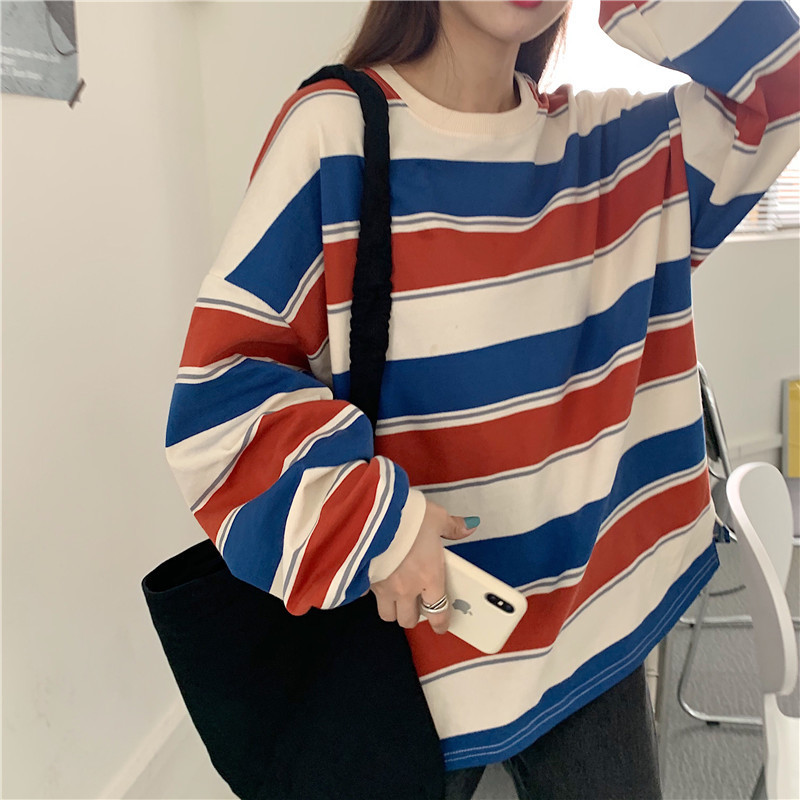 Thai Internet Celebrity Striped T-Shirt for Women 2026 Autumn and Winter Thin Loose Top Cross-Border Rainbow Striped Long-Sleeve Base Shirt Thai Internet Celebrity Striped T-Shirt for Women 2026 Autumn and Winter Thin Loose Top Cross-Border Rainbow Striped Long-Sleeve Base Shirt