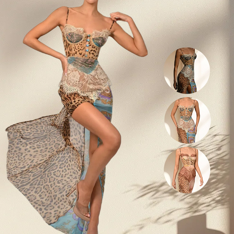 Cross-border Strapless Summer European and American Chiffon Sling Sleeveless Sexy Printed Color-matching Sling New dress 2025