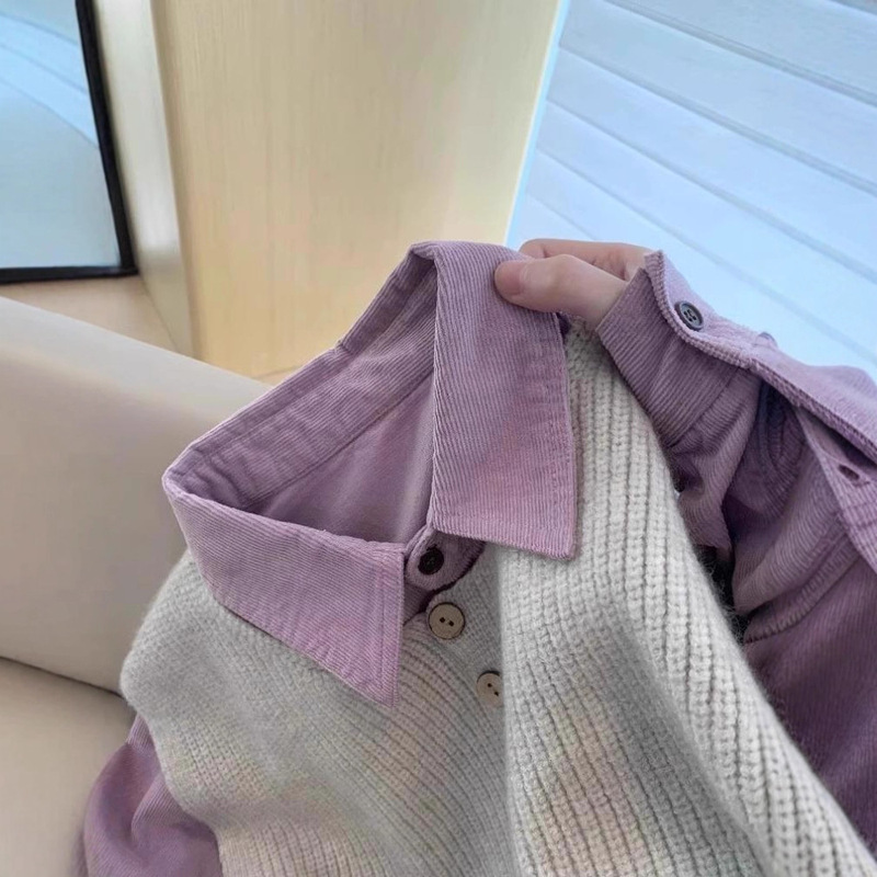 2025 Spring and Autumn New Women's High-Quality Gentle Age-Reducing Casual Purple Corduroy Shirt Knitted Vest Suit