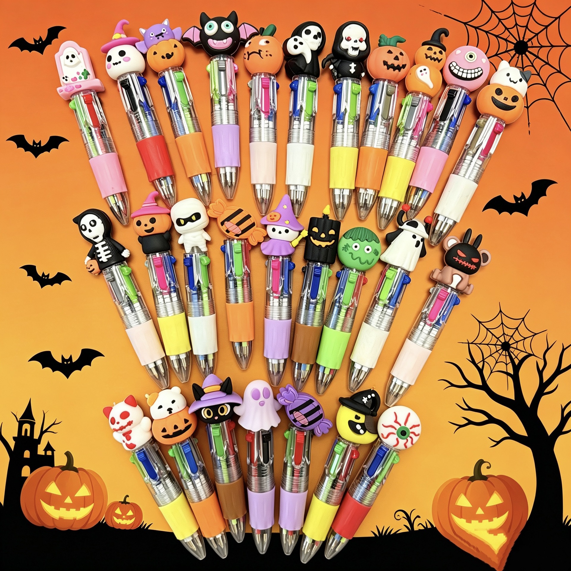 Cross-Border Halloween Cartoon Character-Shaped Mini Four-Color Ballpoint Pen, Portable Multi-Color Retractable Pen for Students