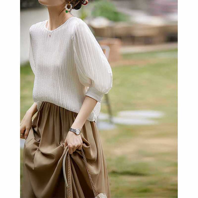 Elegant Pleated Silk Shirt Women's Short-Sleeved Shirt 2026 Women's Clothing Summer New Casual Top