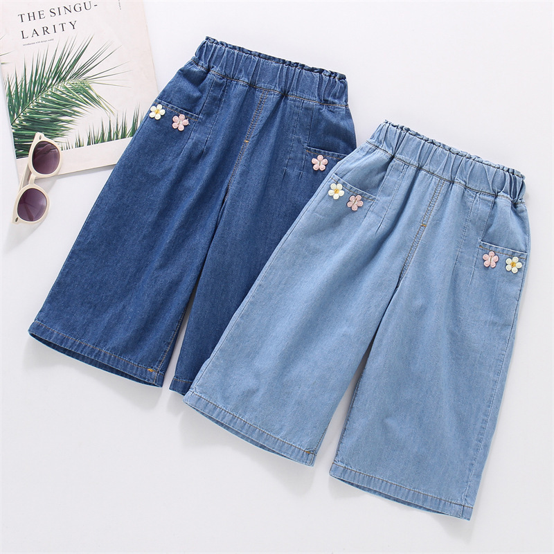 Pure Cotton Girls' Denim Wide Leg Pants Summer Thin Jeans for Baby Girls Loose Casual Trousers Summer Western-style Pure Cotton Girls' Denim Wide Leg Pants Summer Thin Jeans for Baby Girls Loose Casual Trousers Summer Western-style