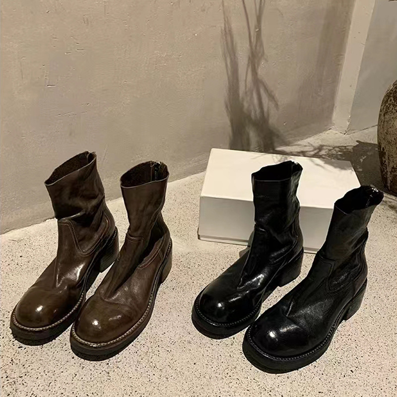 Botas estilo Martin para otoño e invierno, tacón grueso retro, cremallera trasera, 6 cm, botines cortos de piel de caballo texturizada lavada para mujer.
