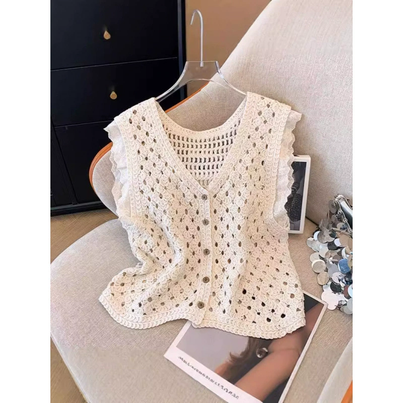 Летний V-образный кружевной сшитый крючком ажурный жилет
