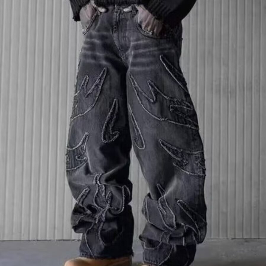 Vintage Embroidered Straight Leg Jeans For Men & Women – Relaxed Fit, Streetwear Fashion, Cotton Denim Pants (Black, Blue-Yellow)_mkmklike.com