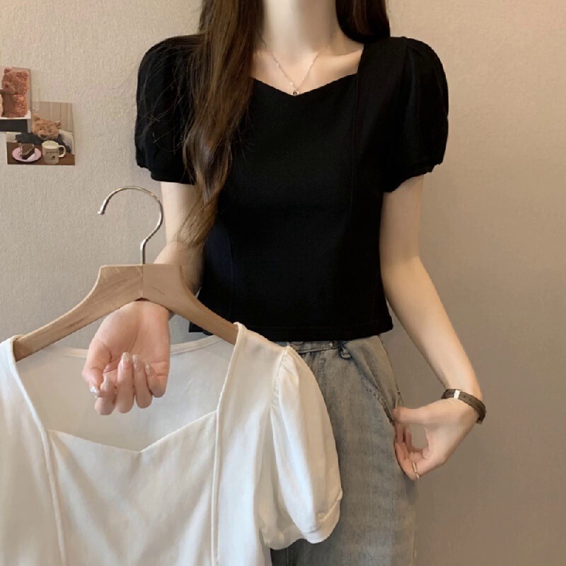 Large Size Black Puff Sleeve T-shirt Women's Summer Design Sense Niche Chubby Sister French Retro Short Slimming Top