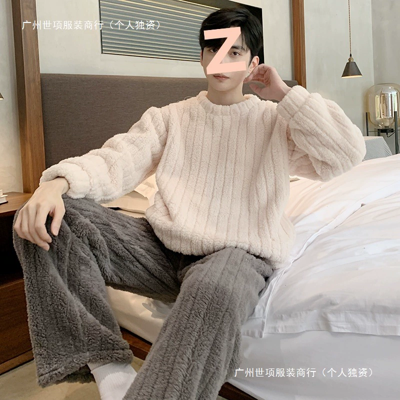Толстый подросток плюшевый фланелевый домашний костюм пижама мужской круглый воротник осенний и зимний мальчик набор из кораллового ворса хлопок
