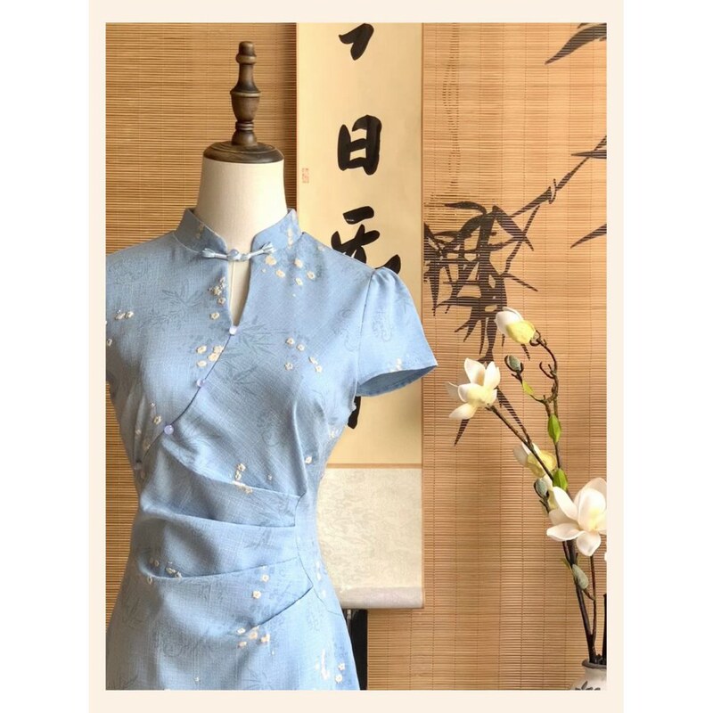 [as before] New Chinoiserie Blue Improved Cheongsam Daily Elegant Waist Stereo Jacquard National Style Dress Summer