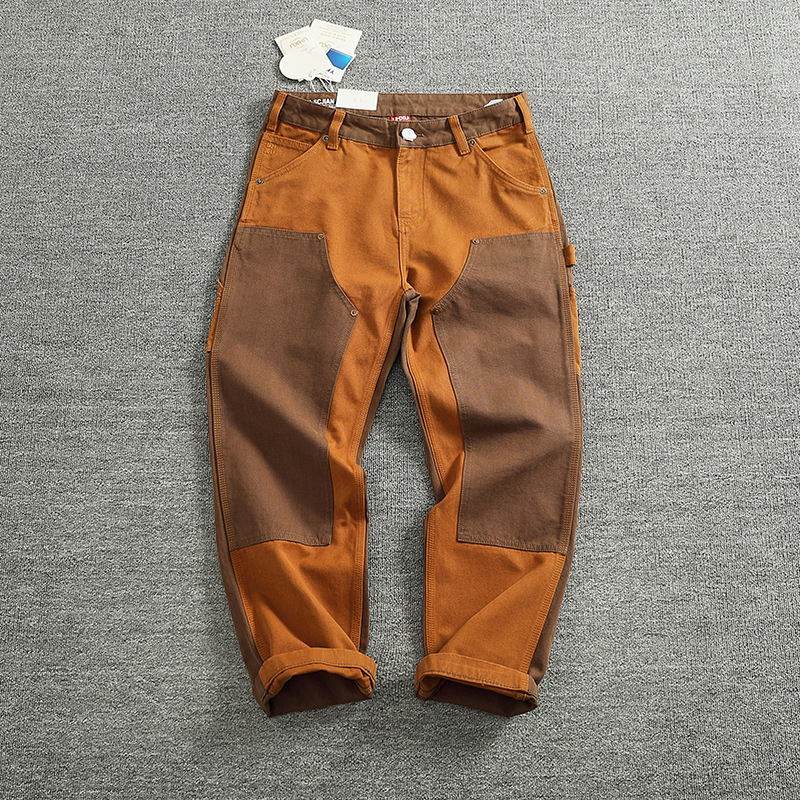 Autumn and Winter High-End Vintage Workwear Pants for Men, Pearl Canvas Textured Color-Blocking Patchwork Lumberjack Biker Casual Pants Trendy