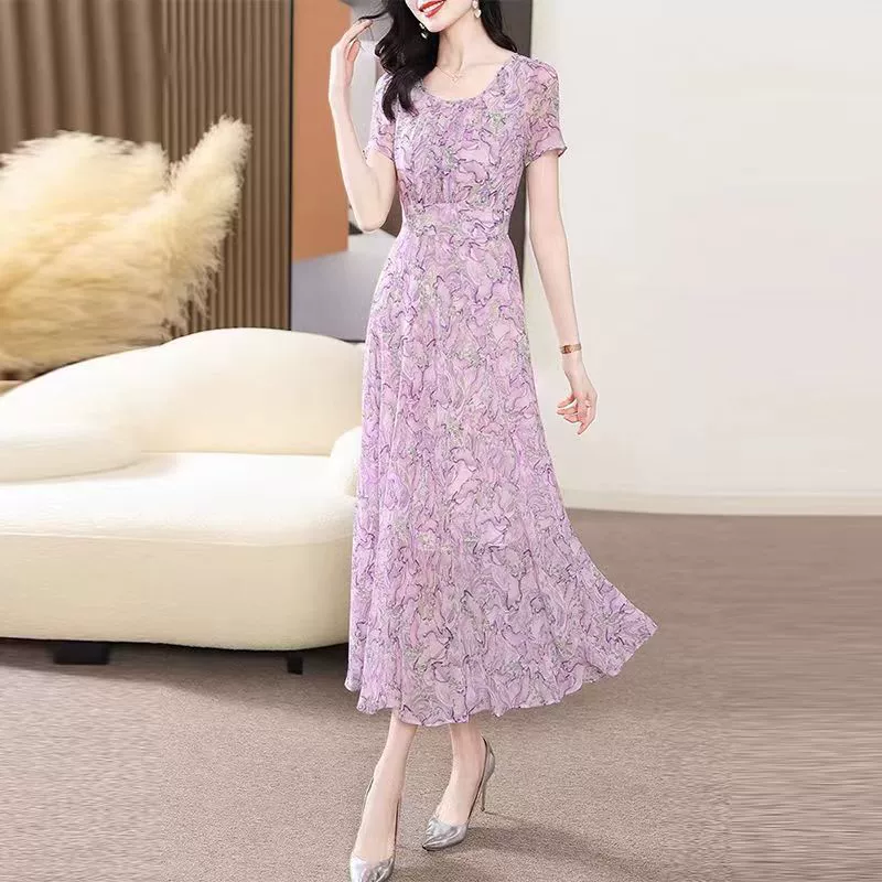 Летнее платье из шифона с элегантным принтом, женское, 2025 года, новинка, популярное, супер-сказочное, пляжное, стройнящее, длинная юбка