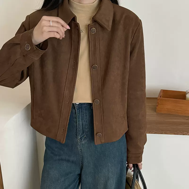 [本初]秋冬复古麂皮绒棕色上衣小个子羽绒内里夹克短款外套女百搭