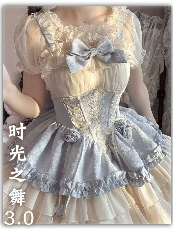 Lolita JSK (Bianyuan) Dance of Time 3.0 — балетный короткий стиль, бантик и розетки, голубой (S–M)