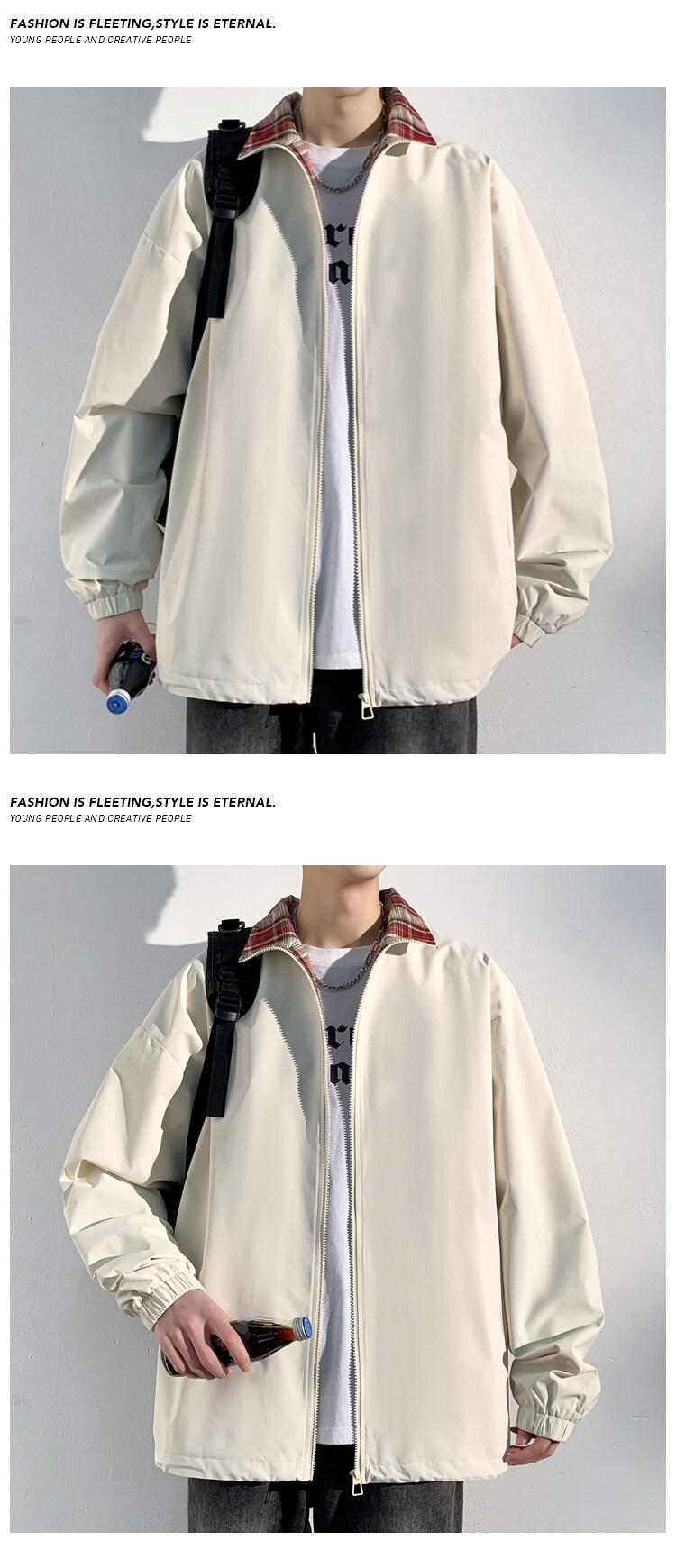 Men's Plaid Patchwork Denim Jacket With Stand Collar Windproof_voghion.com