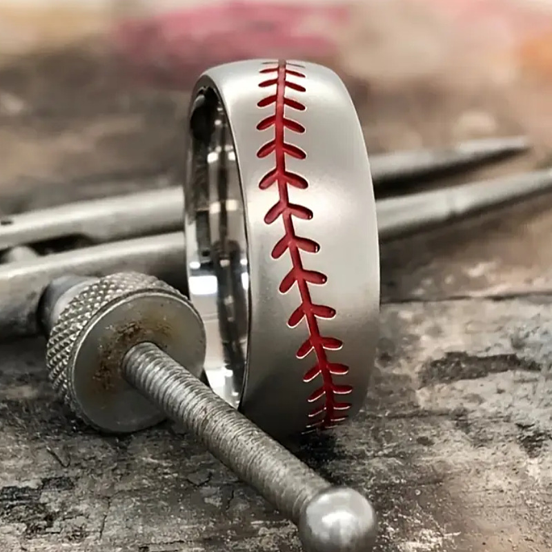 Cross-Border Popular Stainless Steel Ring with Curved Surface, Natural Color Laser Baseball Pattern Men's Ring, Direct Sales from the Manufacturer, Wholesale