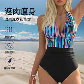 欧美风流行连体泳衣沙滩高腰性感深V三角裤露背显瘦条纹连体式