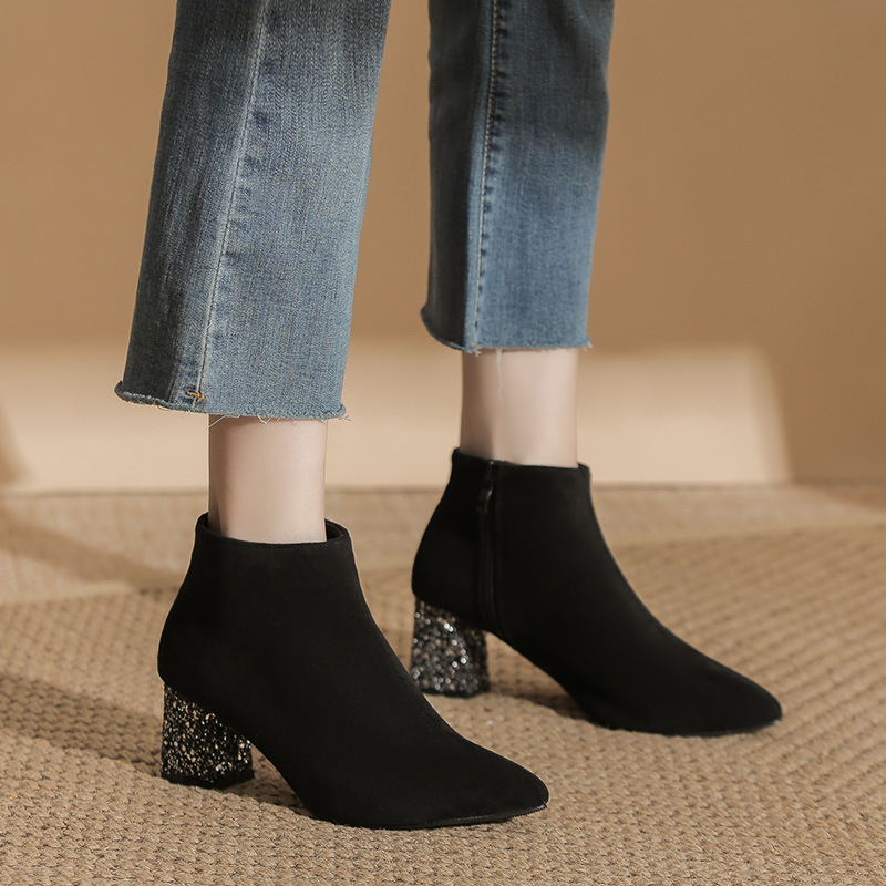 2025 New Thick Heel High Heels Pointed Toe Small Size 313233 Short Boots Nude Boots Boots Work Boots Large Size 4142