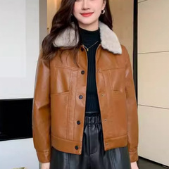 全ネットの低価格の冬の毛の襟とベルベットの厚い洋気ファッションの短い襟のPUの皮の服の女性のコートのジャケットのボタン