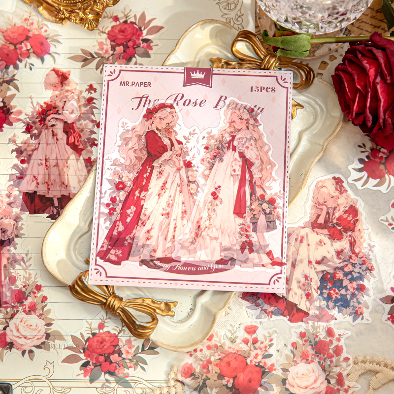 Mr. Paper Personaje Flor Etiqueta engomada grande Bolsa Flor que cae y serie de chicas Cute Girl Elements Etiqueta engomada de la tienda