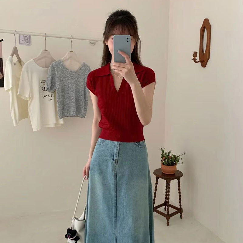韓国風シックな気質右肩ニットTシャツ女性用小柄ピットストリップポロカラーハイウエストスリムセーター秋|undefined