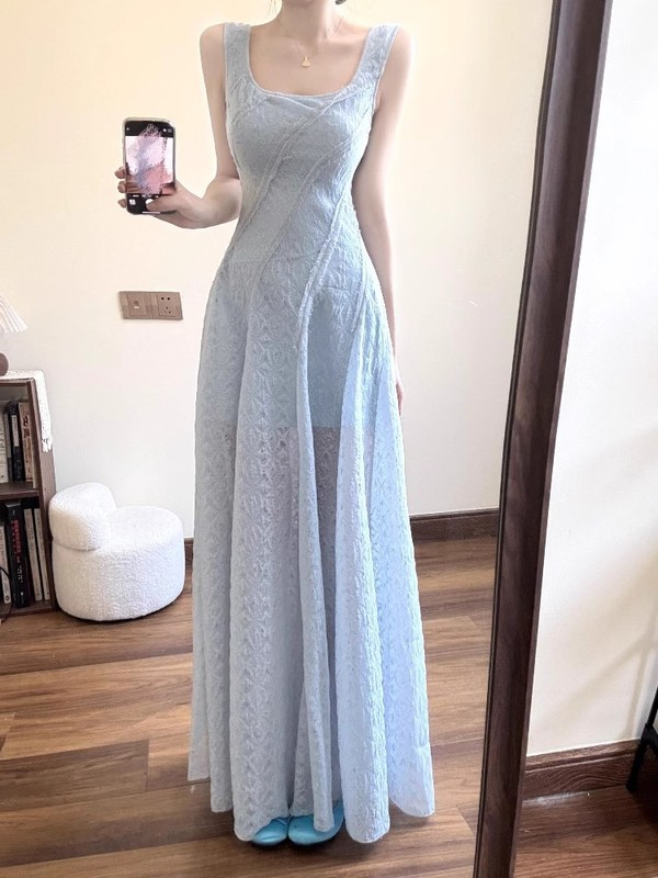 ブルーレースベストサスペンダードレス女性の夏フレンチスタイル海辺リゾートスタイルデザインウエストロングスカート|undefined