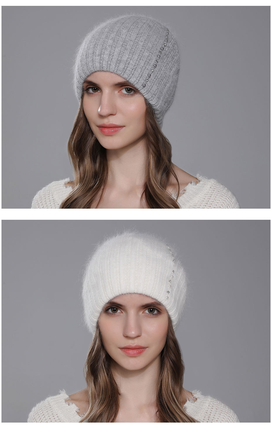 Knitted rabbit hair for children's winter warmth, fashionable pearl embellishment, women's versatile pullover hat style_voghion.com