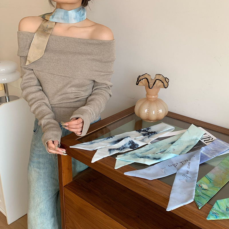 Bufandas de seda largas correa de cabello para mujeres primavera y verano versátil pintura al óleo coreana decoración de bufandas de pañuelo bolsa de correa de cabello adornamiento para el cabello