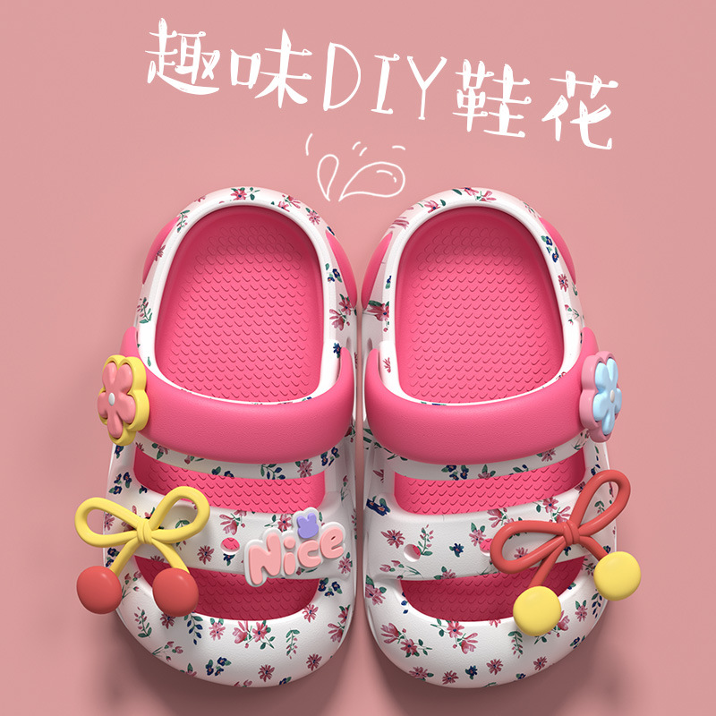 Cartoon Floral Children's Clogs for Girls, Small and Medium-Sized Kids' Sandals, Outdoor Beach Shoes, Princess Sandals, Trendy