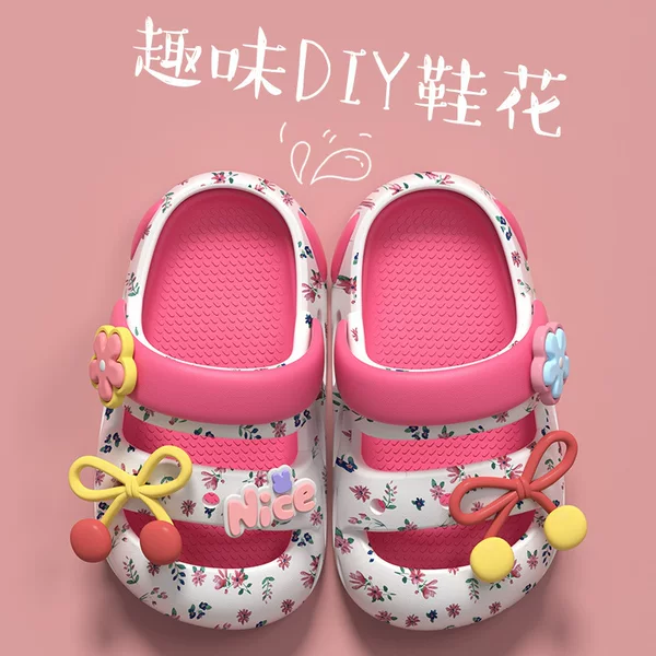 Cartoon Floral Children's Clogs for Girls, Small and Medium-Sized Kids' Sandals, Outdoor Beach Shoes, Princess Sandals, Trendy