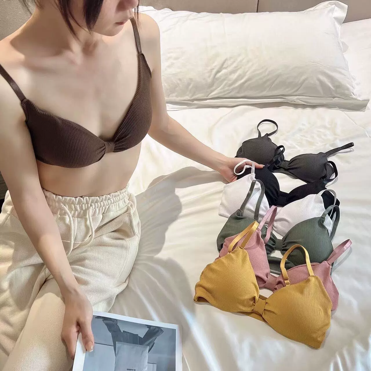 百搭螺纹美背无钢圈吊带内衣女夏薄小胸聚拢三角杯舒适可调节文胸