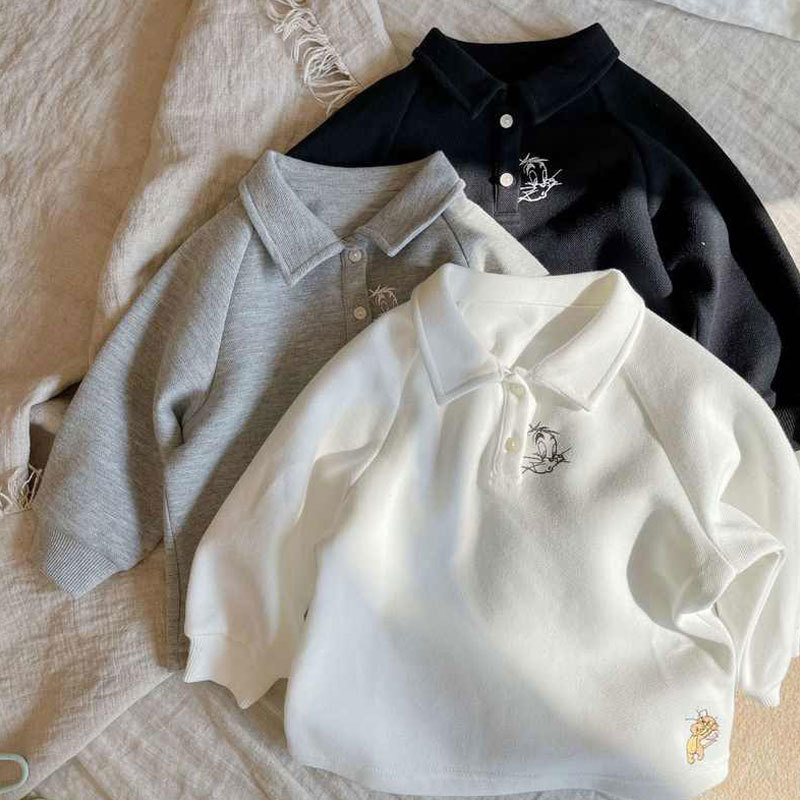 2024 Spring and Autumn Boys Stylish Long-Sleeve POLO Shirt Children Girls Baby Korean Style Cartoon Collar T-shirt Trendy