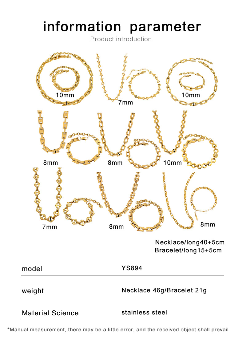 26g Weight PVD Coated Gold Plating Process 18K Gold, Real Gold Plated Plating Material Chain Bracelet, Necklace Classification Handmade Chain Chain Type Necklace + Jewelry Quantity Holiday, Daily Occasion 304 Stainless Steel Material Solid Color Pattern 2025 Spring and Summer Season Women's Gender Hip-Hop, Retro Style Waterproof Non Tarnish Craft PVD Coated 18K Gold Real Gold Plated Solid Color 304 Stainless Steel Hip-Hop Retro Waterproof Non Tarnish Chain Bracelet Necklace 无