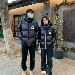 蒙口三色彩虹条双拉链织带蒙口羽绒服男女款连帽保暖免洗亮面外套