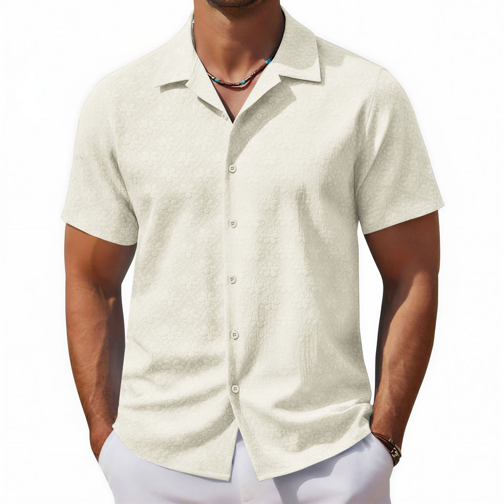 Transfronterizos de ropa de hombre retro americano jacquard camisa de manga corta cuello cubano al aire libre ropa casual para hombres stock A0301