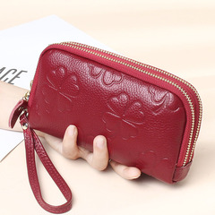New four-leaf clover embossed double zipper mobile phone bag first layer cowhide women's clutch bag genuine leather long wallet wallet