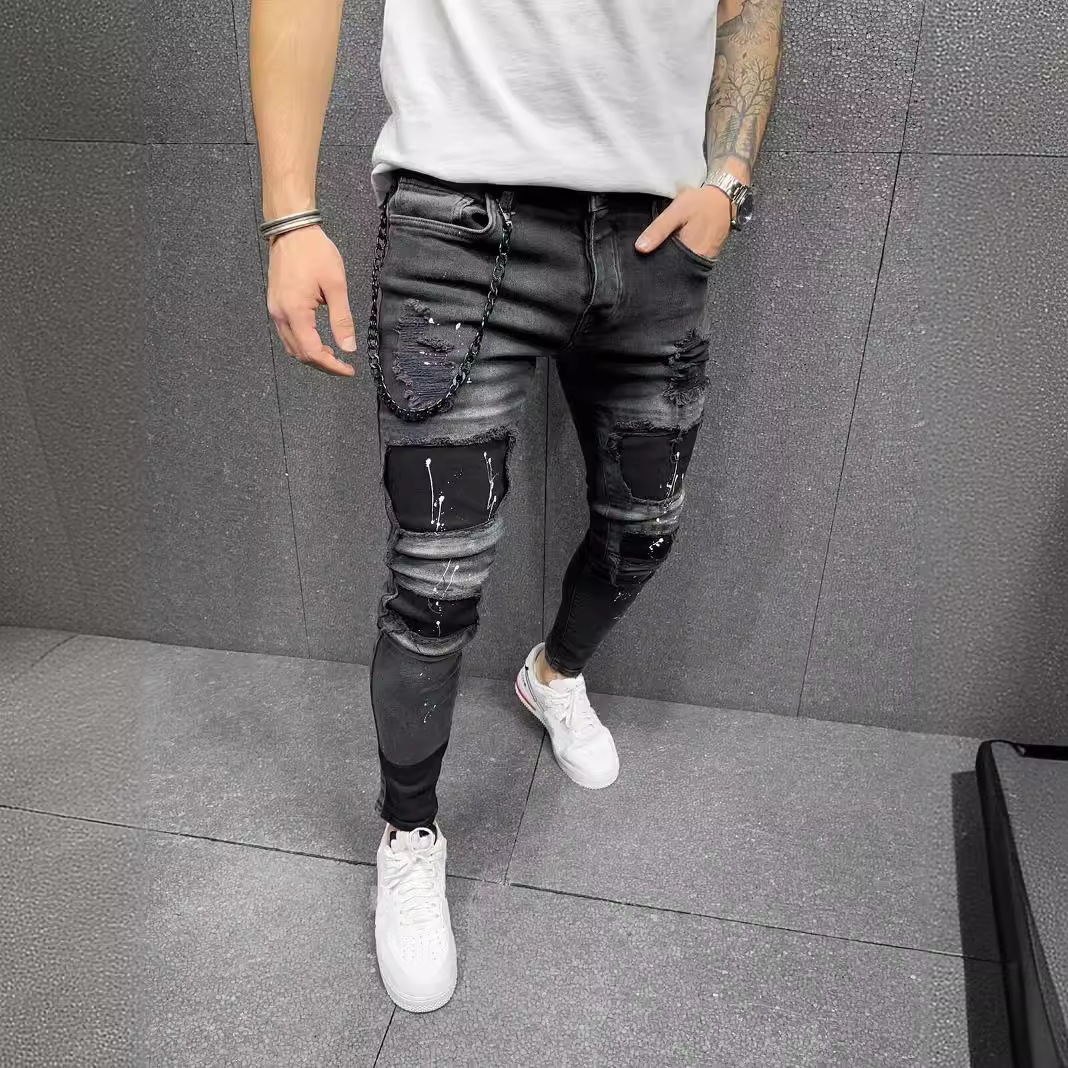 Jeans Ajustados Rasgados para Hombre de Algodón, Elásticos, para Uso Casual
