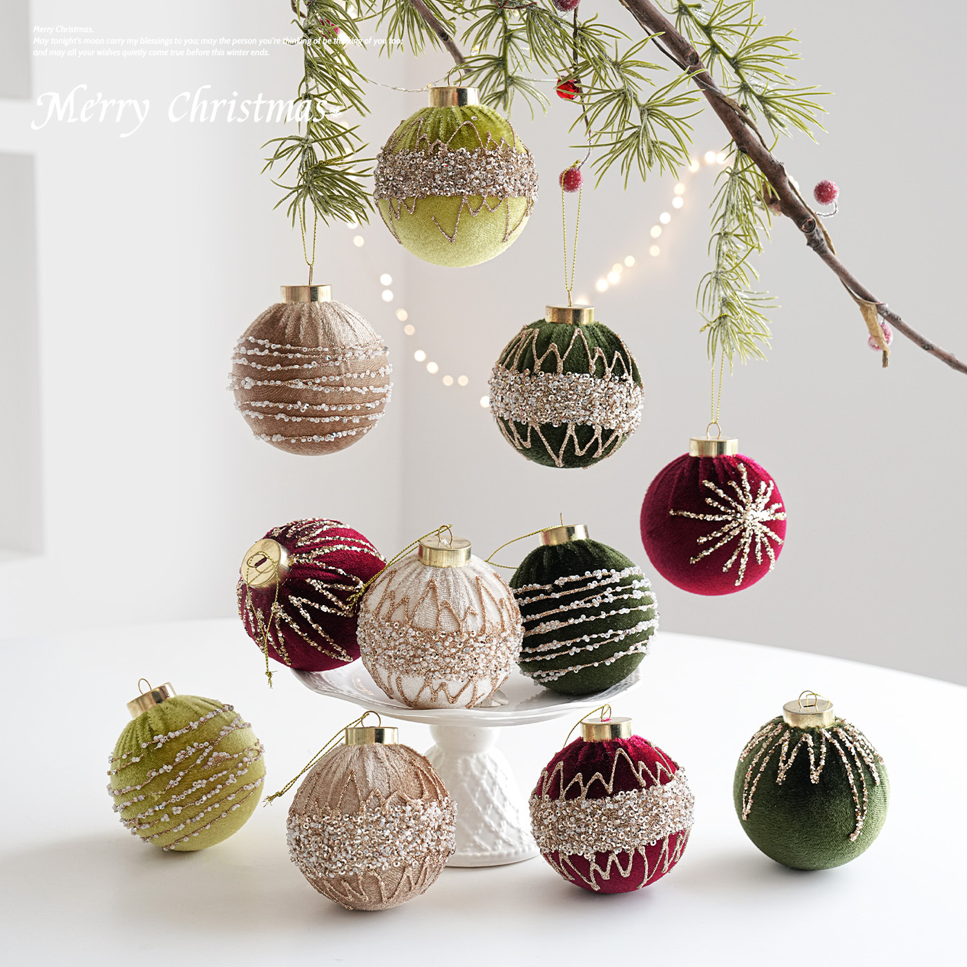 Nuevo producto de 8CM plástico envolvido bola tela de vello polvo adhesivo polvo de oro ligero de lujo bola de Navidad colgante colorida bola de Navidad colgante