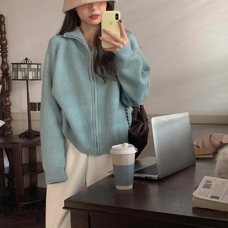 韩系翻领开衫毛衣外套女秋冬2025新款宽松慵懒风加厚针织上衣服|undefined