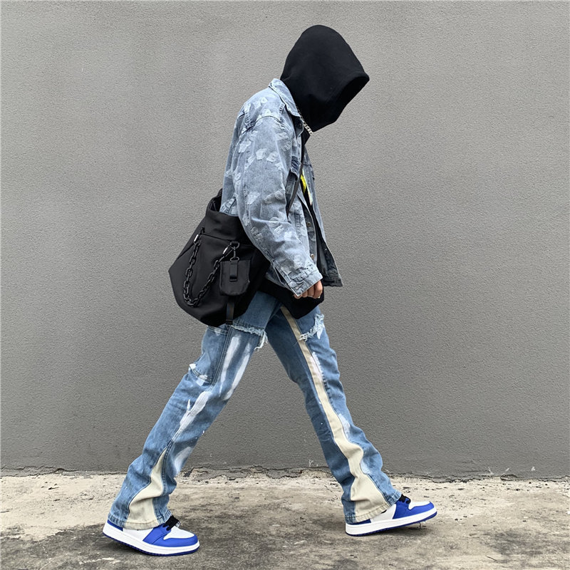 European and American High Street Washed Splash Ink Stitching Jeans Men's Trendy Brand Vibe Style Personalized Straight Loose Micro Horn Pants