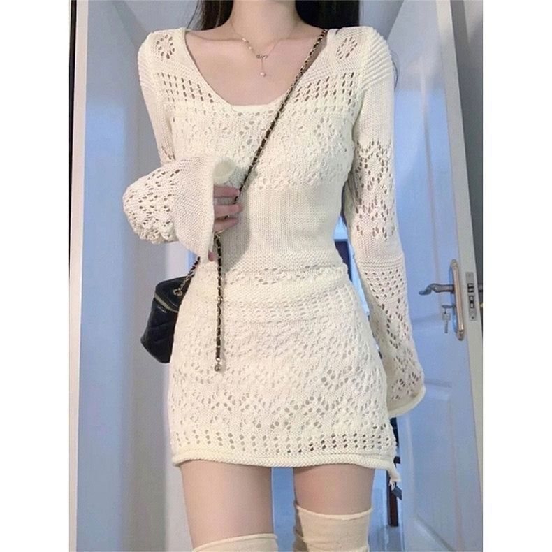 Off-White Spring Waist-Cinching Crochet Hollow-Out Long-Sleeve Dress for Women, New Style Sexy Bodycon Dress for Young Girls