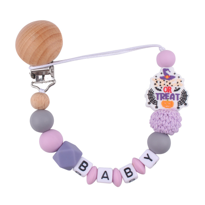 Productos para bebés, juguetes de planeta creativo, pinza de chupete de madera, cadena de chupete de silicona para bebés, cadena anti-caída