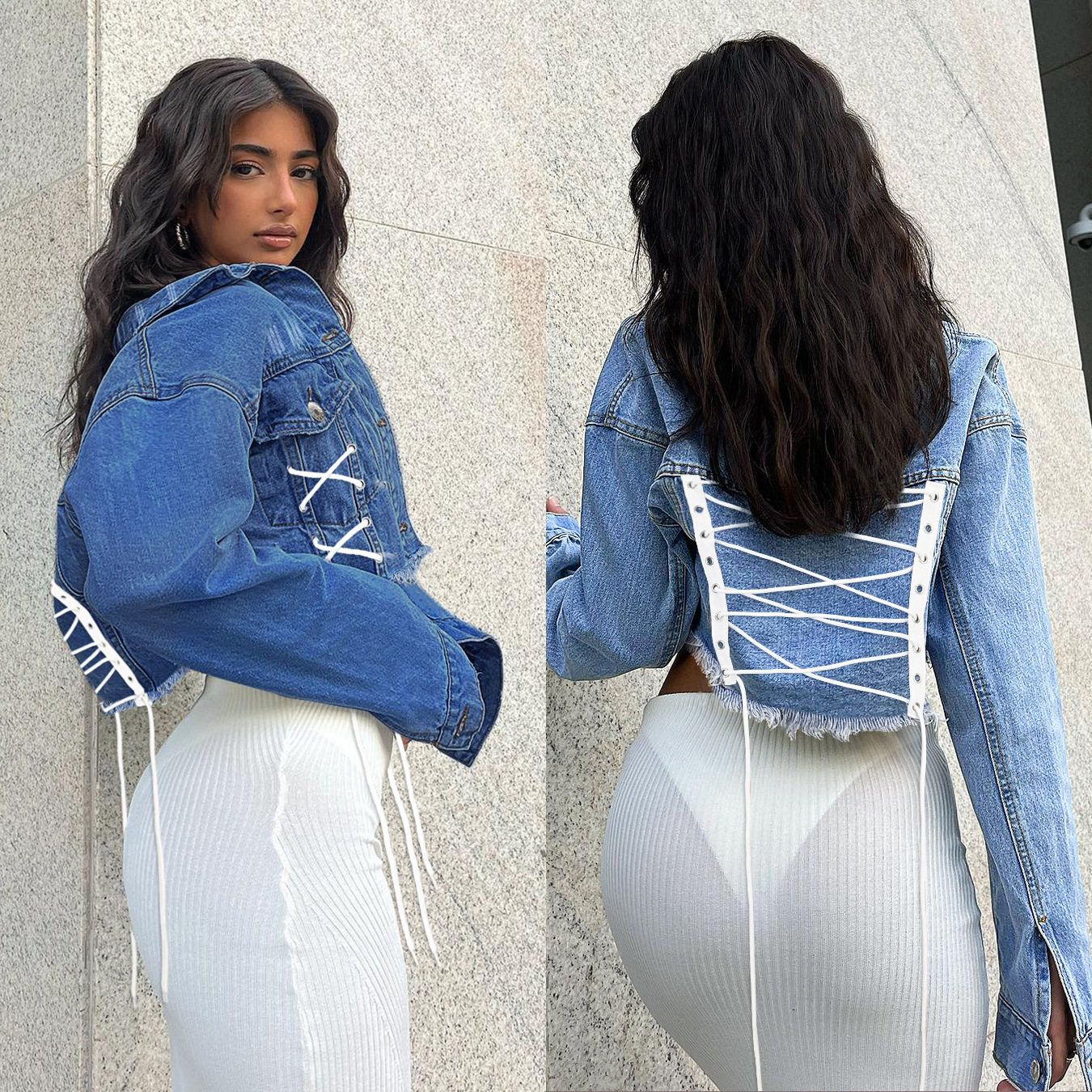 long sleeve irregular hem strappy denim jacket NSGYY138040