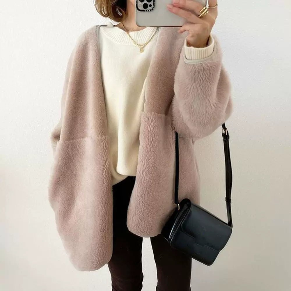 现货日韩毛绒外套2024秋冬新款时尚气质通勤宽松长袖棉衣外套