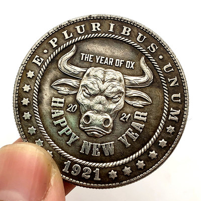 1921流浪币牛年贺岁黄铜旧银纪念章 把玩魔术工艺铜银硬币纪念币|ru