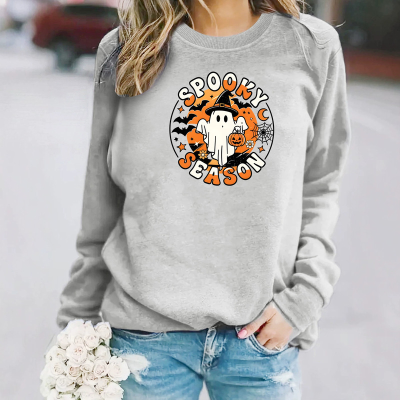 Loose and casual women's sweatshirt with a witch hat and ghost print, new style, foreign trade, round neck, fleece-lined, sporty sweatshirt